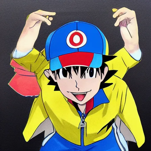 Image similar to Ash ketchum wearing a yellow jacket, fantasy art