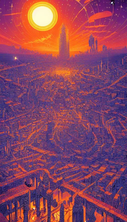 Image similar to The starlit city of wisdom and dreams at sunset, italian futurism, da vinci, Dan Mumford, Josan Gonzalez