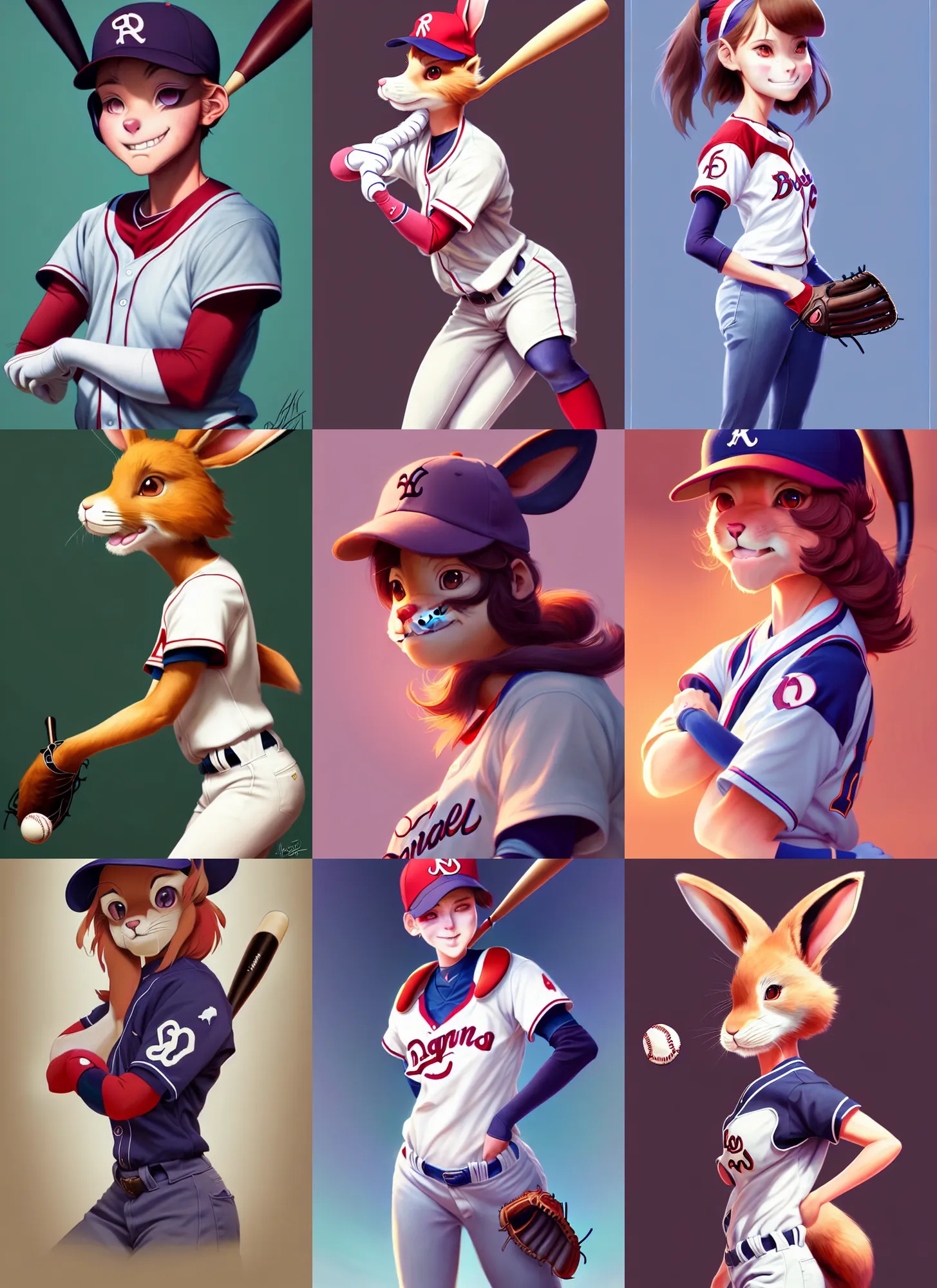 Prompt: beautiful portrait of a female anthropomorphic rabbit fursona baseball player. character design by disney, charlie bowater, ross tran, artgerm, and makoto shinkai, detailed, soft lighting, rendered in octane