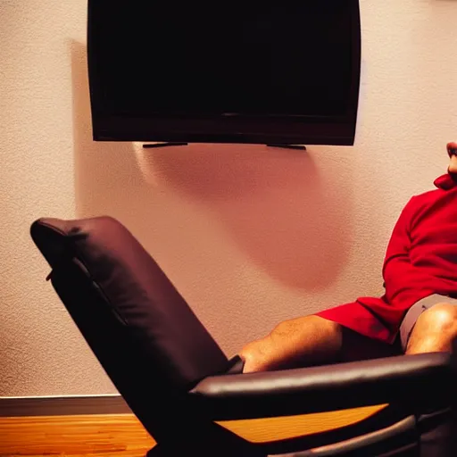 Prompt: A red man sitting on a leather reclining chair laughing at a TV. Cinematic lighting, dream like.