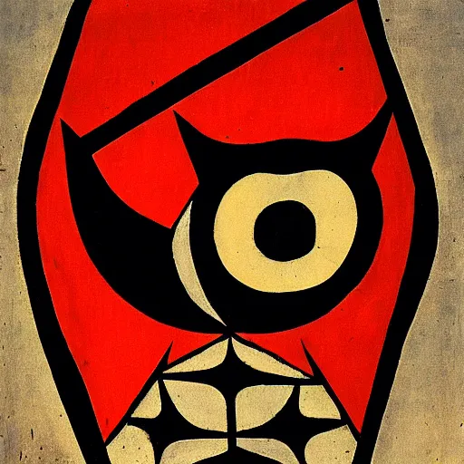 Image similar to symbol of an owl on a war banner, avant garde style, cubism, red eyes, circa 1 6 0 0 s, shallow focus, old, grain, scretch, photorealism, realistic photography, war photography, war, history, museum collection