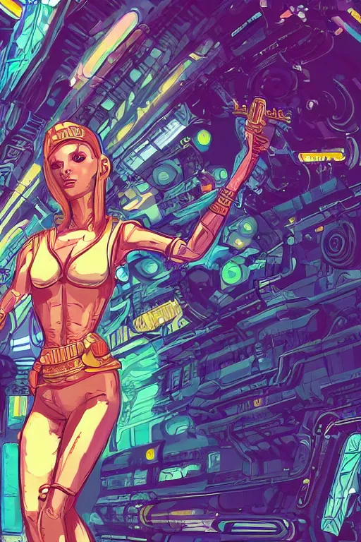 Image similar to attractive female android in feminine pose on a hyper-maximalist overdetailed retrofuturist scifi bookcover illustration from '70s. Biopunk, solarpunk style.