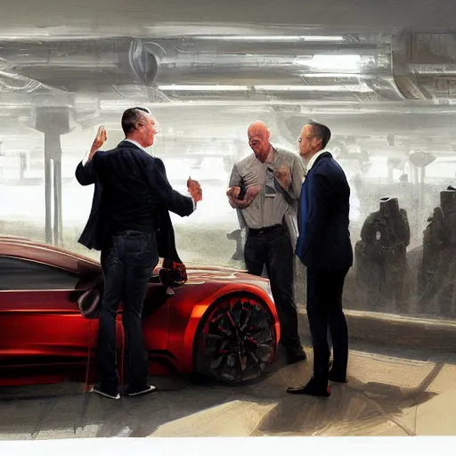 Image similar to illustration of a meeting between elon musk, mark zuckenberg, jeff bezos, very clear face, high quality, very detailled, by artgem, by david rutkowski, greg ruthowski, ruan jia