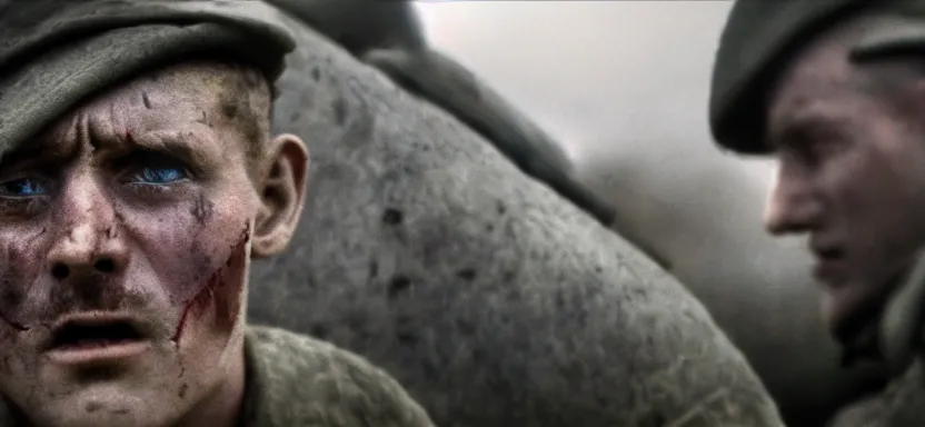 Image similar to horrified World War 1 soldier close-up, IMAX cinematic film still