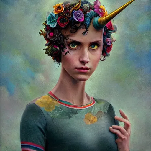 Image similar to Lofi biopunk portrait beautiful woman with short brown curly hair, roman face, unicorn, rainbow, floral, Pixar style, Tristan Eaton, Stanley Artgerm, Tom Bagshaw