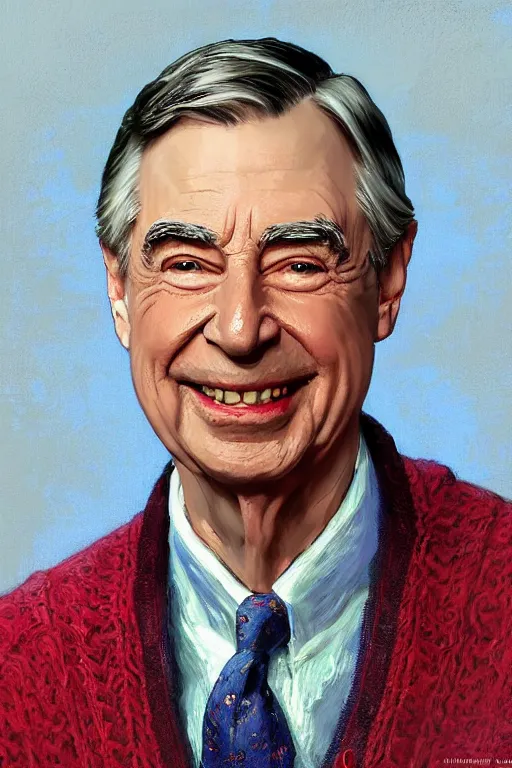 Image similar to mister rogers portrait, intricate, by stanley artgerm lau, greg rutkowski, thomas kindkade, alphonse mucha, loish, norman rockwell