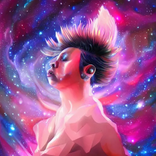 Prompt: lady gaga, korean mythology, galaxies and nebula flowing out of his body, artgerm, psychedelic floral planets, studio ghibli painterly style, trending on artstation