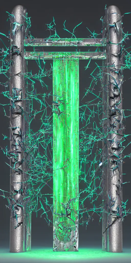 Image similar to 3 d photographic render of asymmetric melting japanese torii gate sculpture made of chrome, sakura bioluminescent chrometype, made of liquid metal, neotribal with thorns and green thunders, cyberpunk, raytracing, hyper realistic, volumetric lightning, 8 k, by zhelong xu and ouchh studio