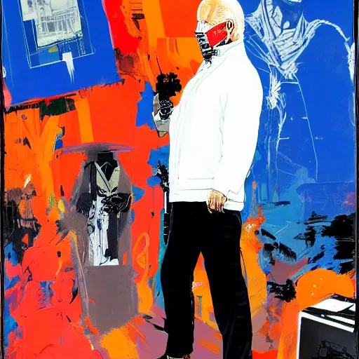 Image similar to Joe Biden full body portrait, Techwear, Cyberpunk, painting by Ralph Steadman, Francis Bacon, Hunter S Thompson