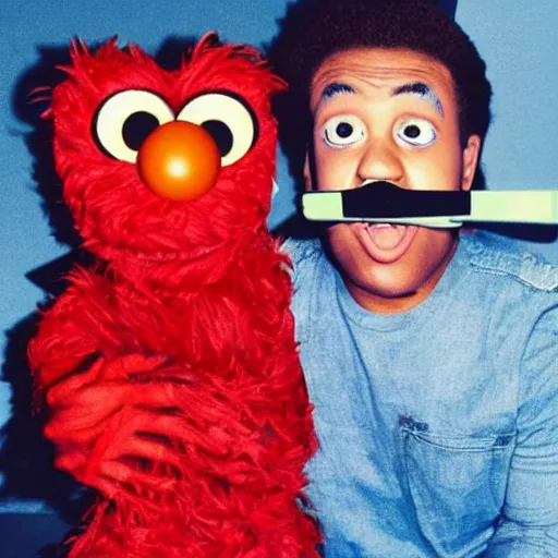 Prompt: elmo version eyes with sunglasses rapping