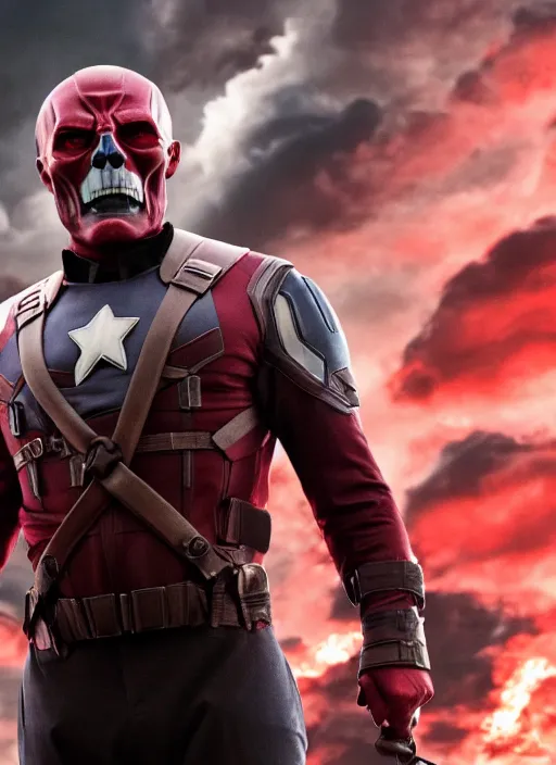 Image similar to movie still of tom selleck as red skull in the first avenger, 4 k