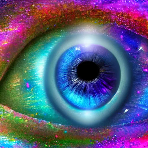 Image similar to colourful eye galaxy, digital art, highly detailed, 8 k, ultra realistic