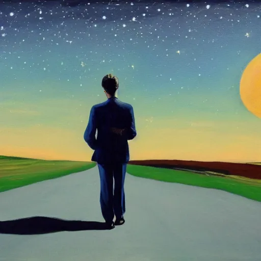 Image similar to a painting of a man walking down a lonely street on another planet and the sky is covered in stars, the head of the man is a skull, he is wearing a suit, in the style of edward hopper, 4 k,