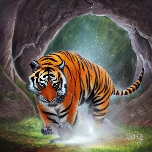 Prompt: Tiger walks through a dimensional portal,side view, Fantasy Art