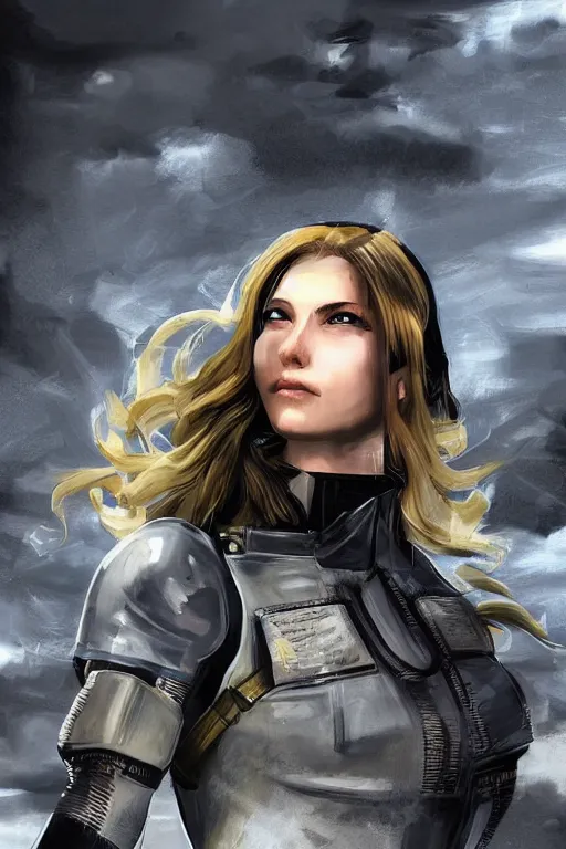 Image similar to portrait photo of beautiful young female, clothed in military armor, long hair blowing in the wind, from metal gear. Future war zone behind her. by Anita Sadowska