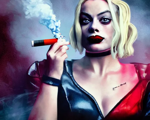 Image similar to Margot Robbie as a harley quinn smoking a cigarette, smoke cloud, cinematic, 4k digital art, highly detailed