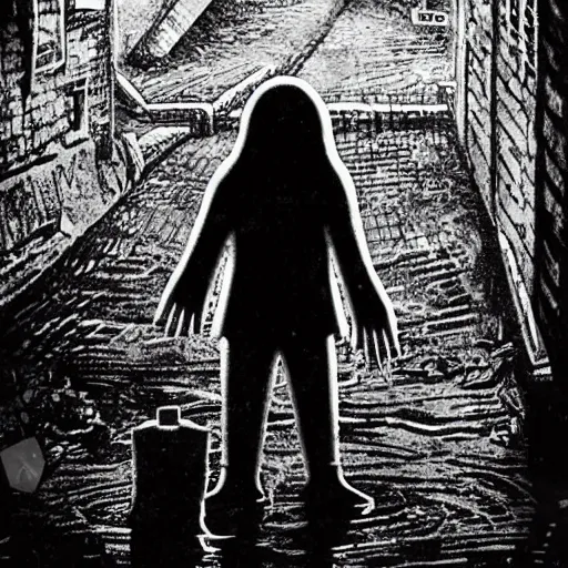 Prompt: down in the sewers of london, dark damp atmosphere, water dripping from the moss covered ceiling, a sinister dark figure is standing at the end of the sewer,