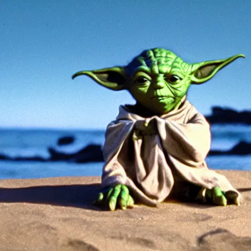 Image similar to film still of yoda on a beach movie 4 k