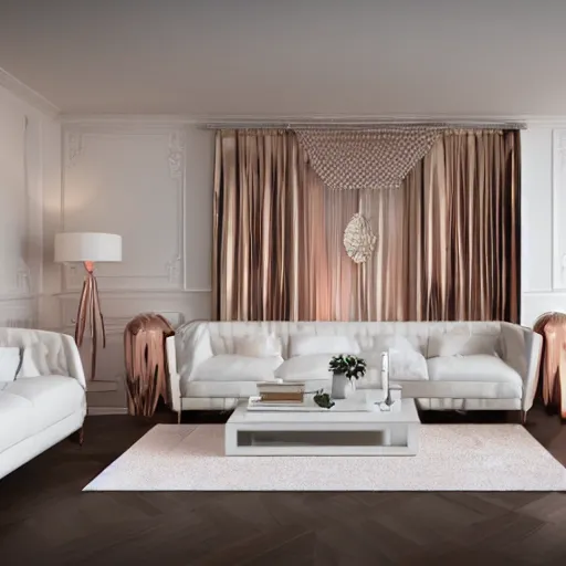 Image similar to 3 d render of white living room with rose gold metallic accents