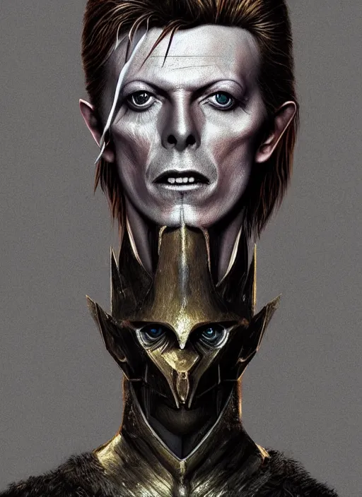 Image similar to masterpiece portrait david bowie, full body, dark souls style, warrior, gael knight, ashen warrior, detailed portrait, fantasy character portrait, top lighting, hyper detailed, digital painting, 8 k realistic, hyper detailed, realistic shaded, perfect face, artstation,