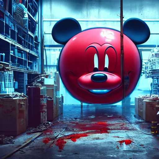 Image similar to a giant mickey mouse head, factory floor, surrounded by factory workers, octane render, cgstation, 3 d render, very detailed, mindblowing, blood and guts, gritty, cyberpunk, red and cinematic lighting, hyper realism