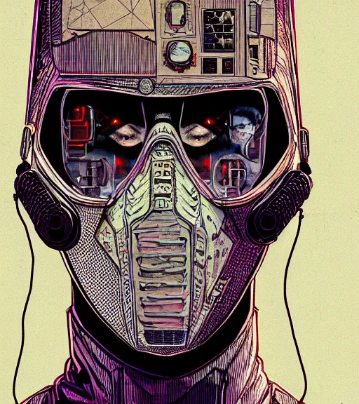 Prompt: a cyberpunk man with a glitching patchwork face of various people, techwear, Industrial Scifi, detailed illustration, character portrait, by Martin Grip and Moebius