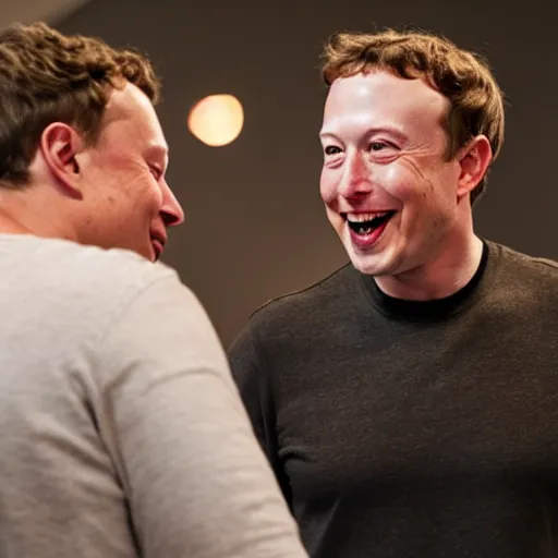 Image similar to elon musk & mark zuckerberg giggling while attending a private pajama party for celebrities only. cinematic 8 k, depth of field, bokeh.