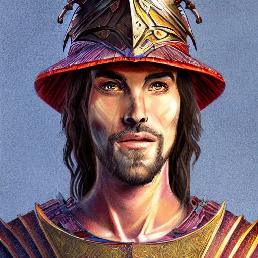 Prompt: Doran, a human warrior wearing a fancy hat and tunic, 8k resolution, full-length portrait, digital painting, fantasy illustration, D&D character art