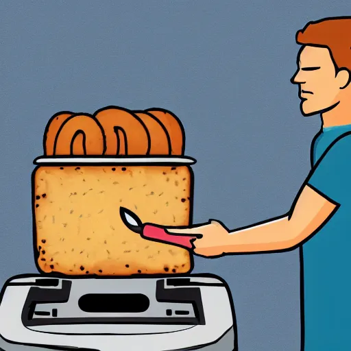 Image similar to a wikihow illustration of a man putting a fork in a toaster