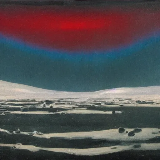 Image similar to the epic abstract painting'blue arctic void with black and red aurora borealis above a large herd of tiny walruses ', by caspar david friedrich!!!, by rothko!!!, stunning masterpiece, trending on artstation