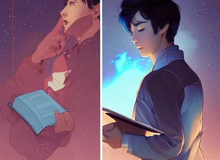 Prompt: aesthetic harmony of handsome seokjin with short black hair, with baby blue jacket & white top, black jeans, reading red book, overlay tiny glowing stars coming from the book, line - art, by wlop, james jean, victo ngai! muted colors, highly detailed, fantasy art by craig mullins, thomas kinkade cfg _ scale 8