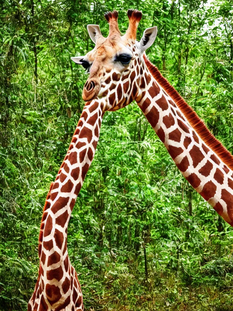 Prompt: ultra realistic nature photography, picture of ( subject : a giraffe with very short legs ). focus on the giraffe's head, extremely detailed picture, hyperrealistic jungle setting, sigma lens, 4 k