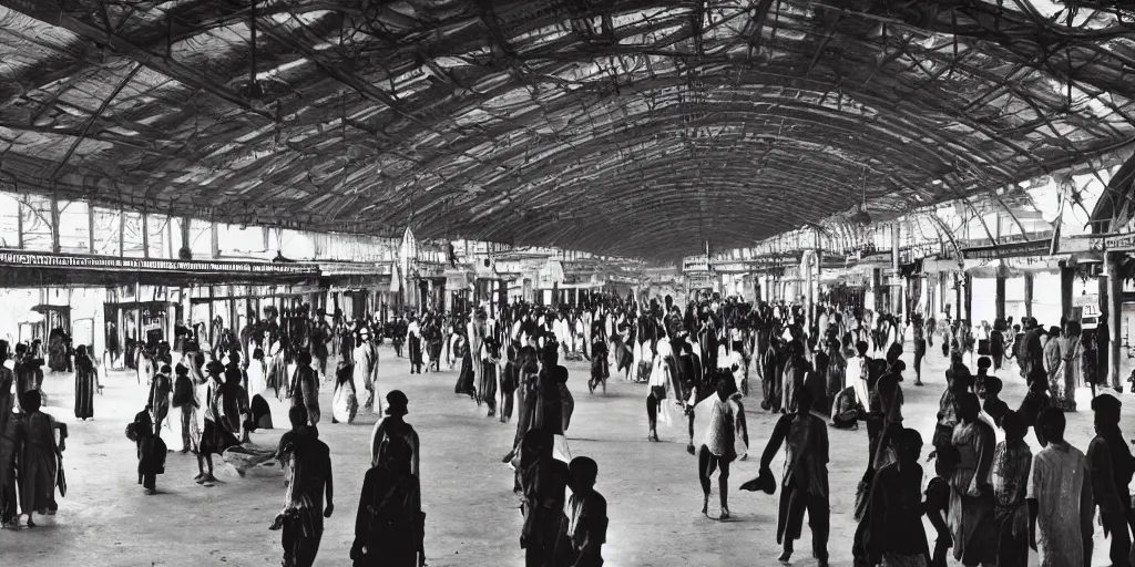 Image similar to establishing shot, interior of an indian railway station, bustling with people, sharp focus, aesthetic