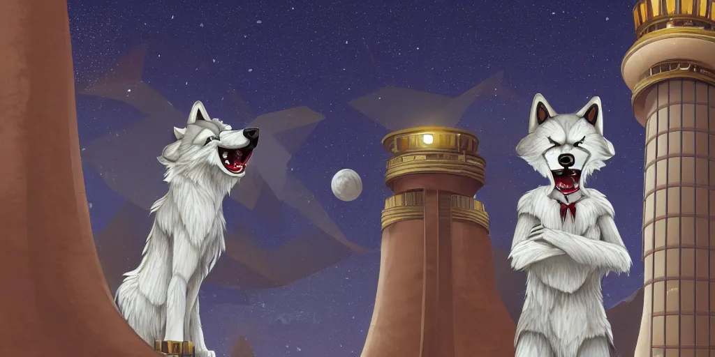 Image similar to anthropomorphic furry wolf inside a giant automaton tower that tracks the stars, illustration