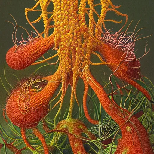 Prompt: Botanical illustration of sentient Clathrus ruber slime mold in its native habitat by Haeckel and Beksinski, ultradetailed digital art, vivid color hues