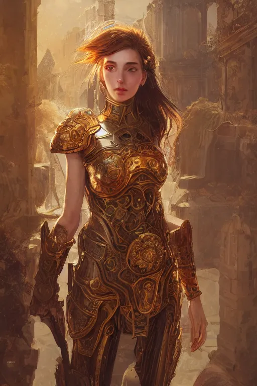 Prompt: portrait knights of Zodiac girl, golden and copper reflected armor, in ruined Agora of Athens, ssci-fi, fantasy, intricate, very very beautiful, elegant, highly detailed, digital painting, artstation, concept art, smooth, sharp focus, illustration, art by WLOP and tian zi and alphonse mucha