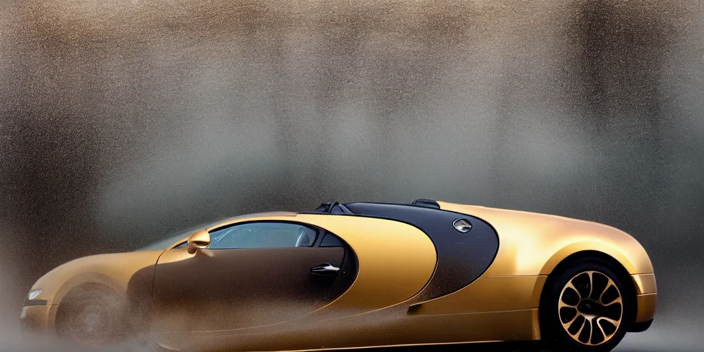 Prompt: parked Bugatti Veyron EB 16.4, environment reflected in the polished car, fog, rain, volumetric lighting, beautiful, golden hour, sharp focus, ultra detailed, cgsociety