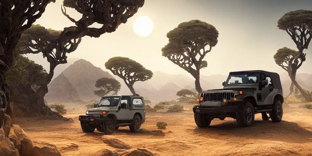 Image similar to mahindra thar riding through moonlit socotra island with dragon trees, starry night, chasing action scene, epic fantasy, sharp focus, trending on ArtStation, masterpiece, by Greg Rutkowski, by Ross Tran, by Fenghua Zhong, corona render, soft render, ultrarealistic, colorful, cinematic, shadow of the tomb rider