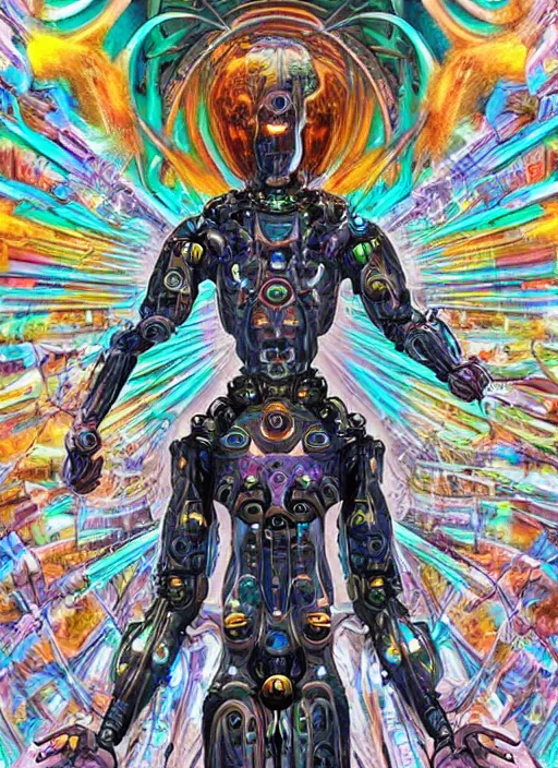 Image similar to a spiritually awakened humanoid cyborg wants to help humans free themselves from the chains of mental slavery and authoritarian politicians, surreal technological conceptual art magical cybernetic realism horror visions distopic and utopic art and the same time