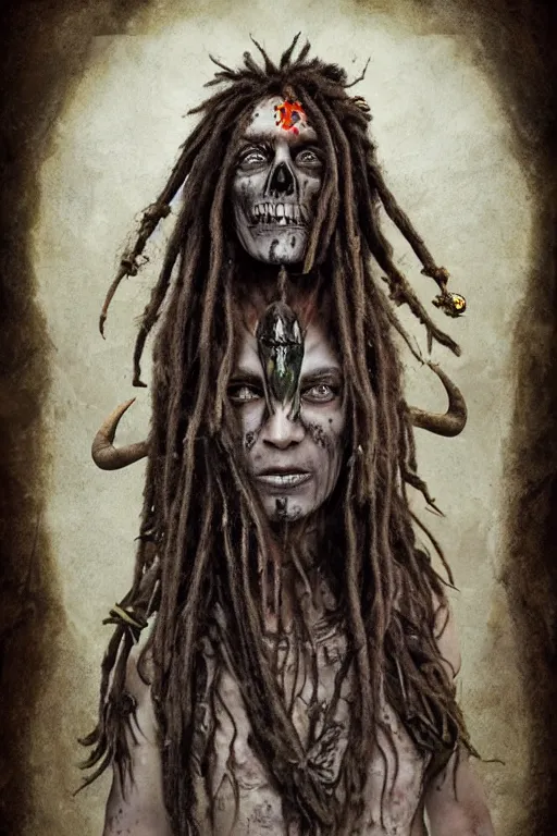 Image similar to a photorealistic of horror shaman with dreadlocks in sacrament of death and destruction