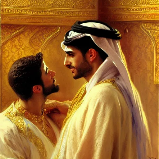 Image similar to attractive arab king confesses his love for his attractive male prince. highly detailed painting by gaston bussiere, craig mullins, j. c. leyendecker