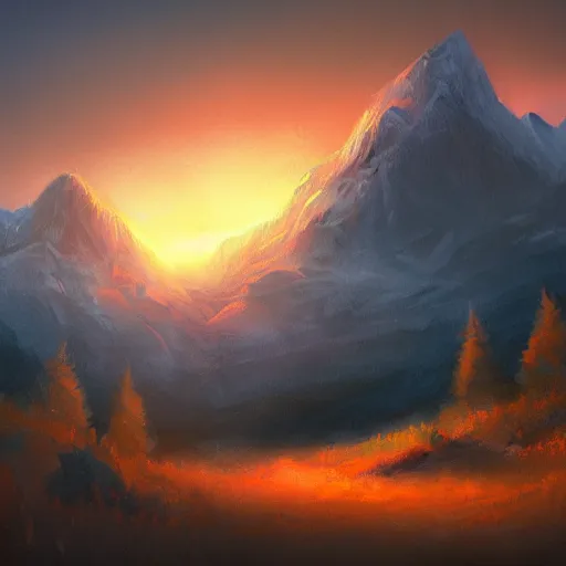 Image similar to mountain landscape, backlit by fire, 4 k, digital art, concept art, trending on artstation