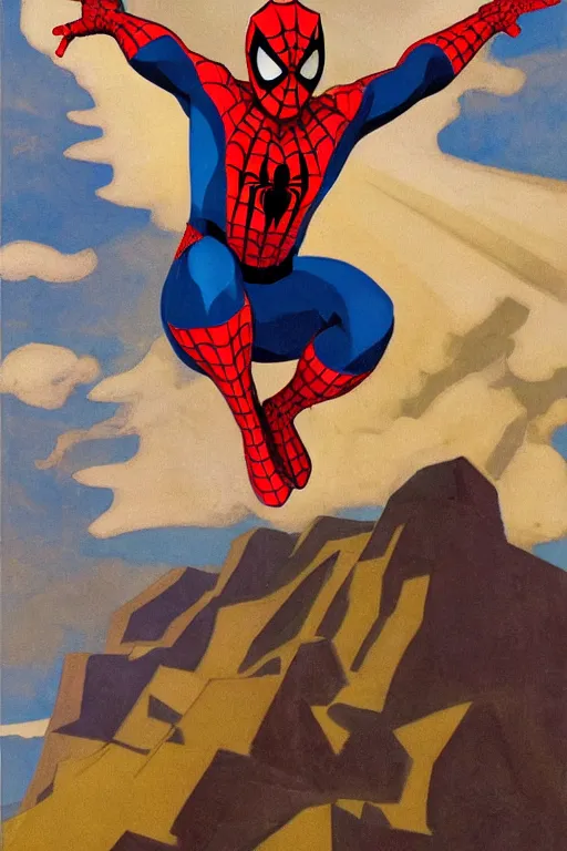 Prompt: spiderman stay on mountain, marvel, artwork by nicholas roerich,