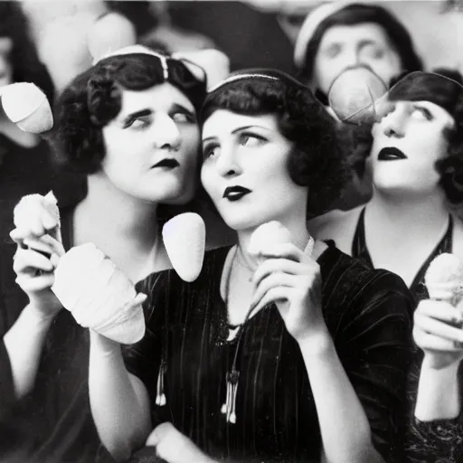 Prompt: Women from the 1920s wearing a man's suit eating ice cream, looking up at the clouds
