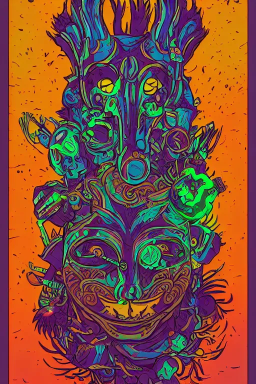 Image similar to animal mask totem roots flower tribal feather gemstone plant wood rock shaman vodoo video game vector cutout illustration vivid multicolor borderlands comics by josan gonzales and dan mumford radiating a glowing aura