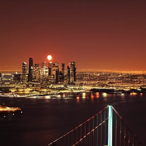 Prompt: two modern cities at night separated by a bay reflecting a red moon, connected by two bridges