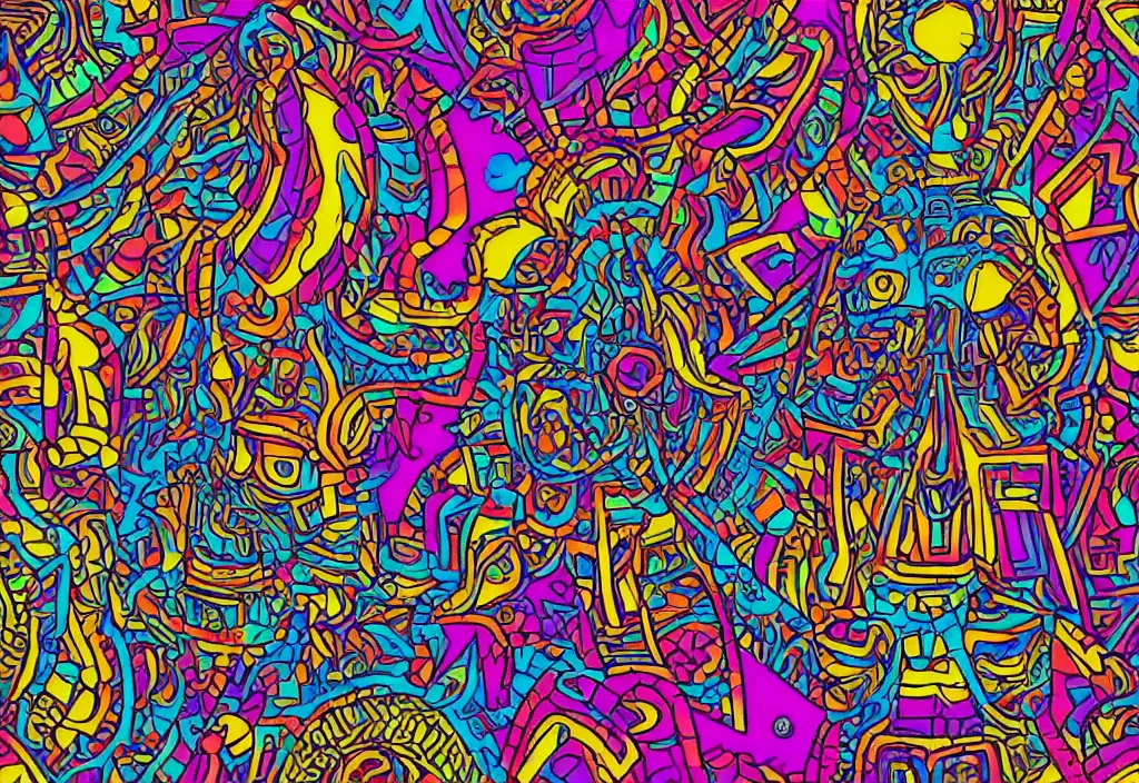 Image similar to a minimalised but ornated vivid and colorful geometric-pattern filled symmetric recogniseable face portrait of a mayan emperor. In Comic, graffity style design by Chris Dyer aka chrisdyerpositivecreations. Charachter Inspired by legendary can2 aka cantwo, köpak and salviadroid. Color palette inspired by streetartist fatheat.