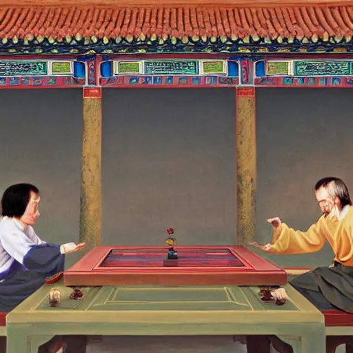 Prompt: Caesar and Steve Jobs playing Go in the ancient Chinese palace , oil painting, 4k,