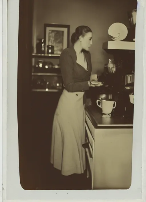Prompt: a woman making coffee, flash polaroid photo by george hurrell,