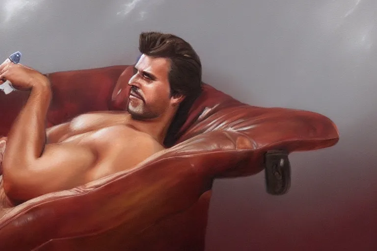 Prompt: a airbrush painting of a caucasian man relaxing on a brown reclined leather chair